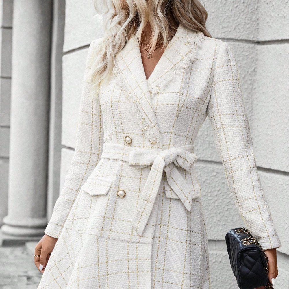 White Preppy Womens Plaid Pattern Raw Trim Double Breasted Belted Tweed Dress - Picture 4 of 5